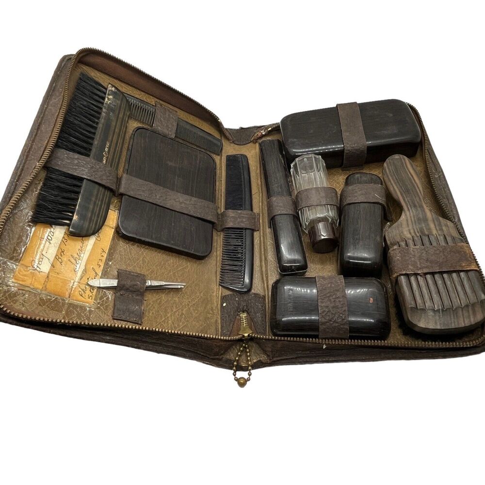 Shaving Travel Kit Set Brown Leather Zip Case Vanity Grooming Toiletry Vintage
